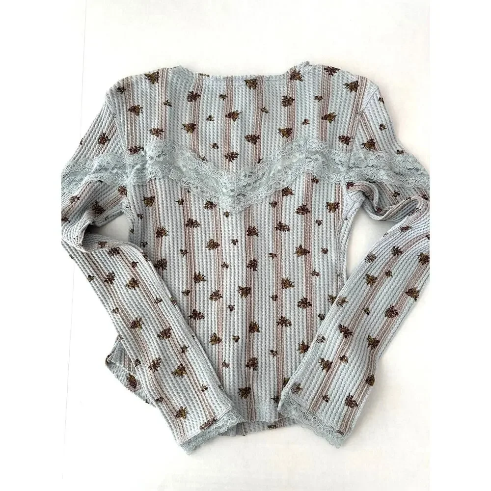 Free People Dainty Let's Party Cardi in Pearl Blue Combo Waffle Knit–NWT Size XS